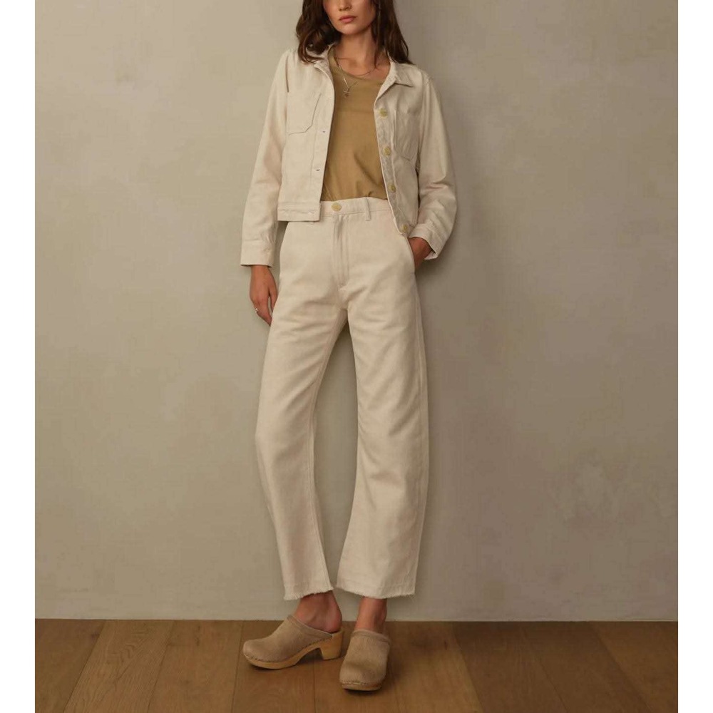 Road to Nowhere Barrel Leg Pants Women 6 Cream High Waisted Raw Hem Denim
